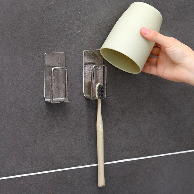 Stainless Steel Toothbrush Holder Wall Mounted Adhesive Toothbrush Cup Holder Space Saving Home Organizer