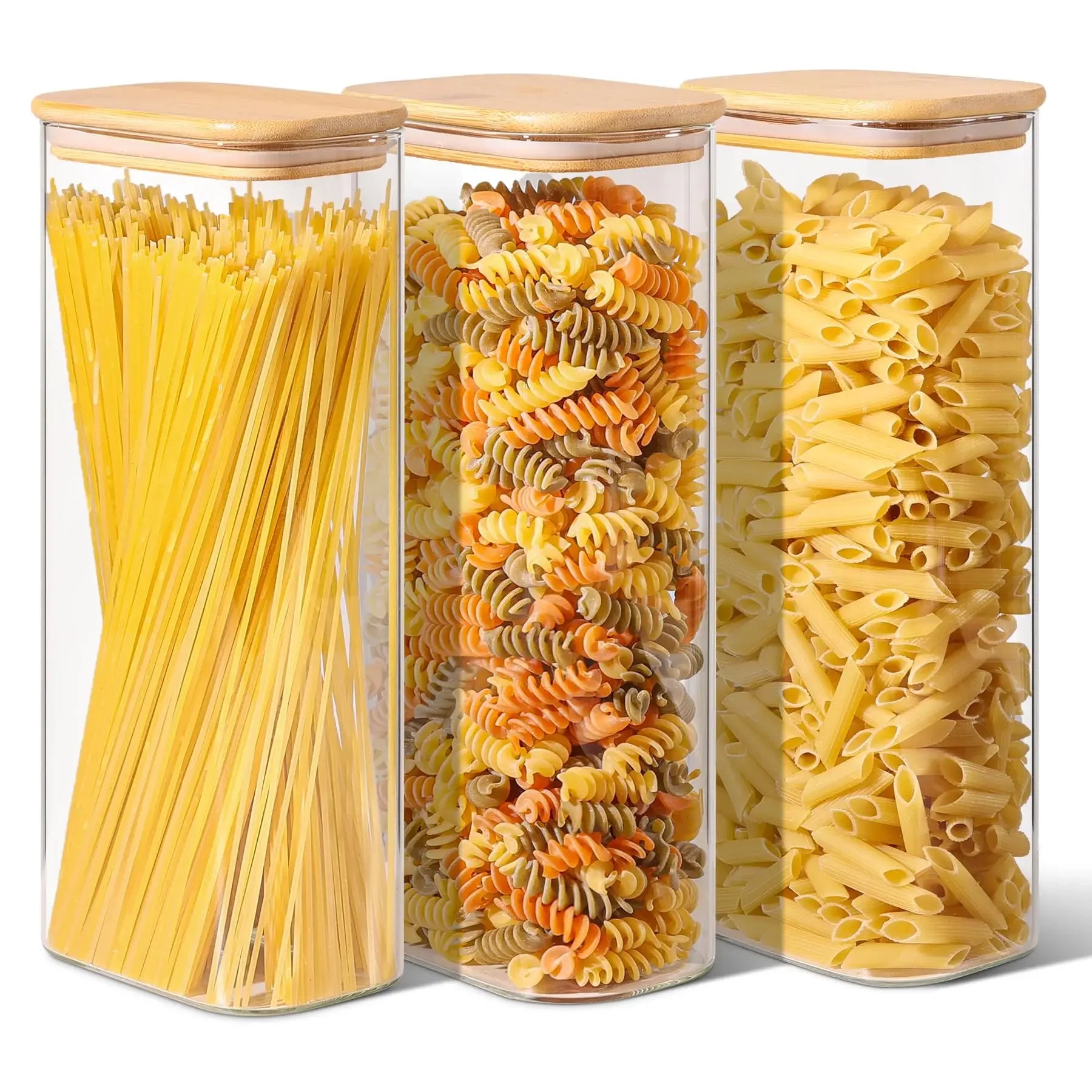 Rectangle Storage Containers Jars with Bamboo Lids, Clear Food Storage Jar, Pantry Kitchen Organizer for Pasta Flour Oats Nuts