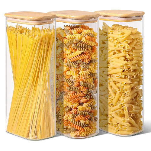 Rectangle Storage Containers Jars with Bamboo Lids, Clear Food Storage Jar, Pantry Kitchen Organizer for Pasta Flour Oats Nuts