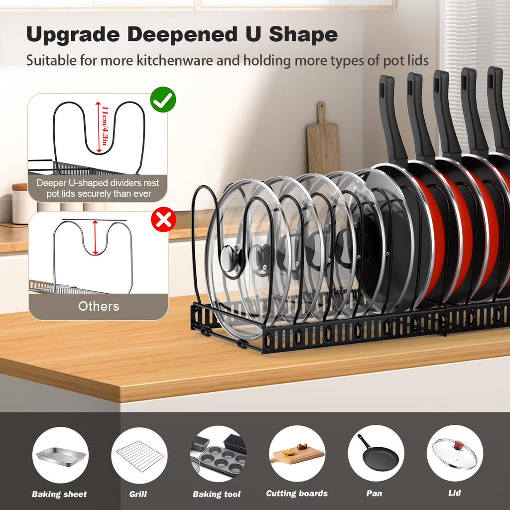 Expandable Pot and Pan Organizer Rack for Cabinet, Pot Lid Organizer with 14 Adjustable Dividers for Kitchen, Black