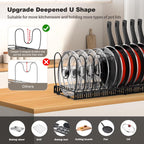 Expandable Pot and Pan Organizer Rack for Cabinet, Pot Lid Organizer with 14 Adjustable Dividers for Kitchen, Black