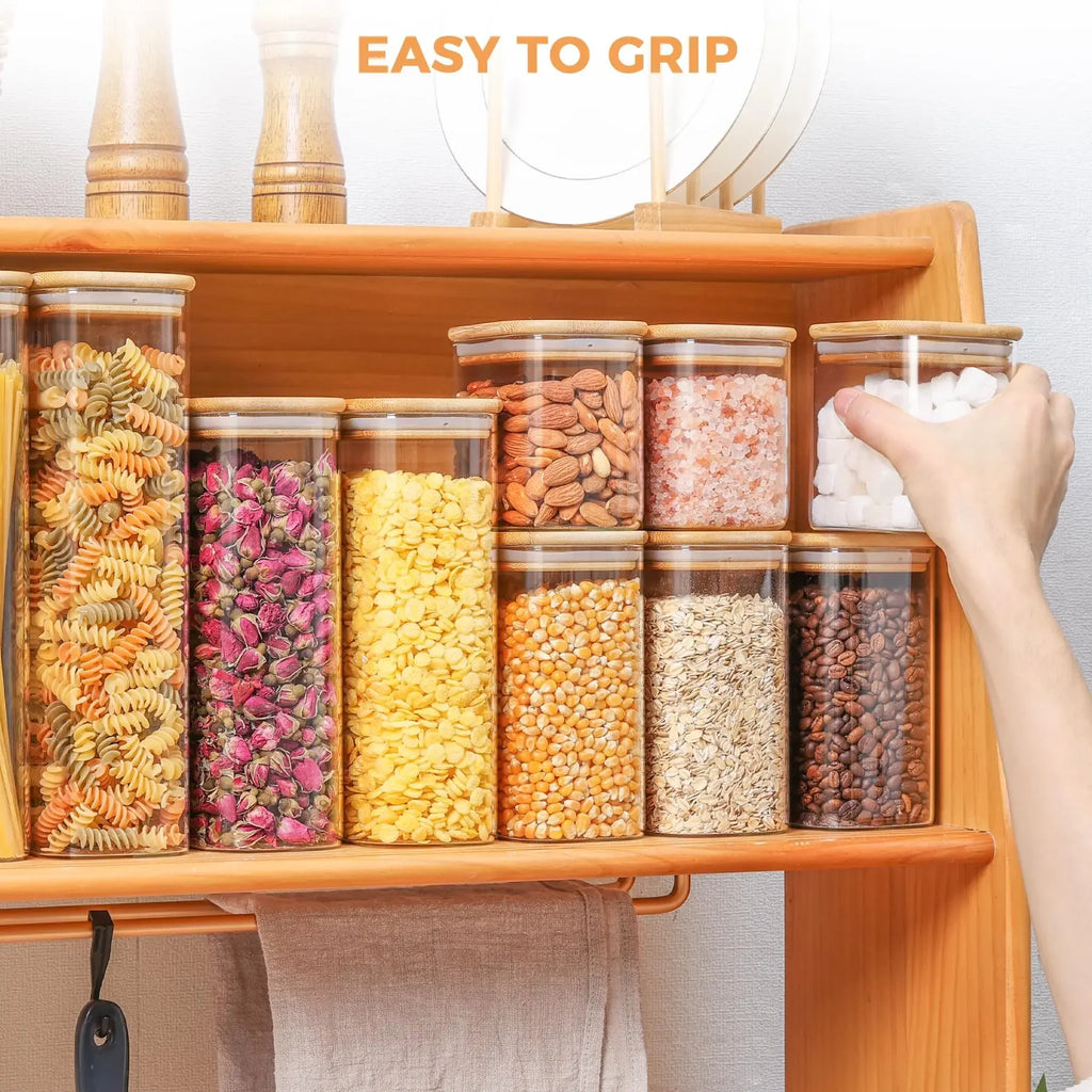Rectangle Storage Containers Jars with Bamboo Lids, Clear Food Storage Jar, Pantry Kitchen Organizer for Pasta Flour Oats Nuts
