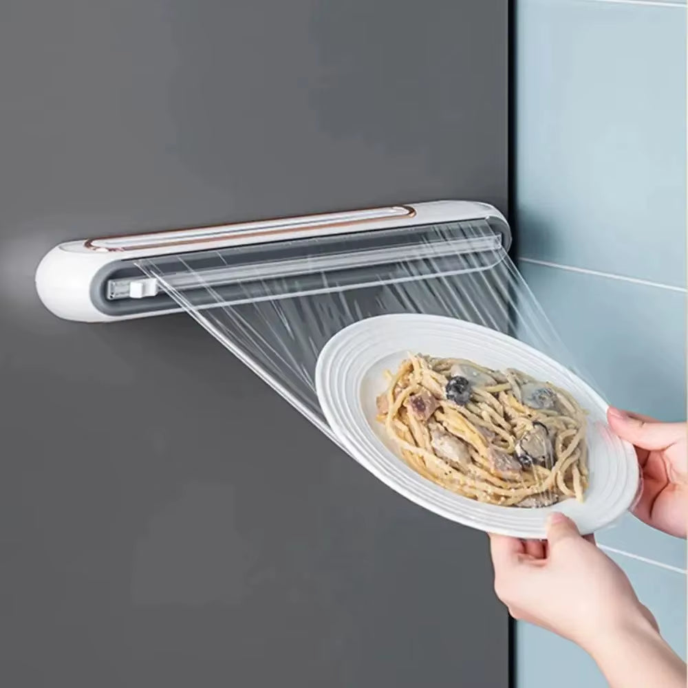 Magnetic Plastic Wrap Dispenser with Cutter, Wall Mount Refillable Aluminum Foil & Cling Film Holder for Kitchen