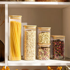 Rectangle Storage Containers Jars with Bamboo Lids, Clear Food Storage Jar, Pantry Kitchen Organizer for Pasta Flour Oats Nuts
