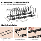 Expandable Pot and Pan Organizer Rack for Cabinet, Pot Lid Organizer with 14 Adjustable Dividers for Kitchen, Black