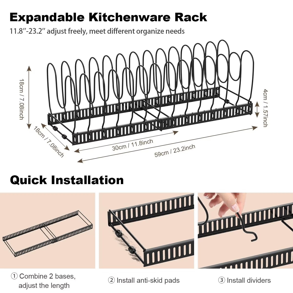 Expandable Pot and Pan Organizer Rack for Cabinet, Pot Lid Organizer with 14 Adjustable Dividers for Kitchen, Black