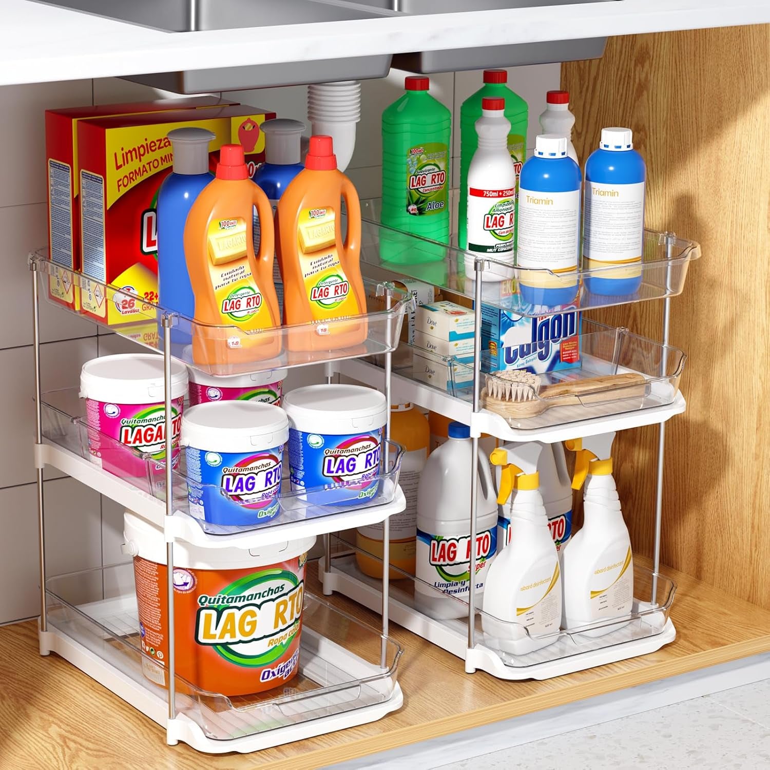 2 Sets of 3-Tier Bathroom under Sink Organizers and Storage, Multi-Purpose Stackable Pantry Organization and Storage, Pull Out Clear Kitchen Bathroom Cabinet Organizer with Movable Dividers | Storage