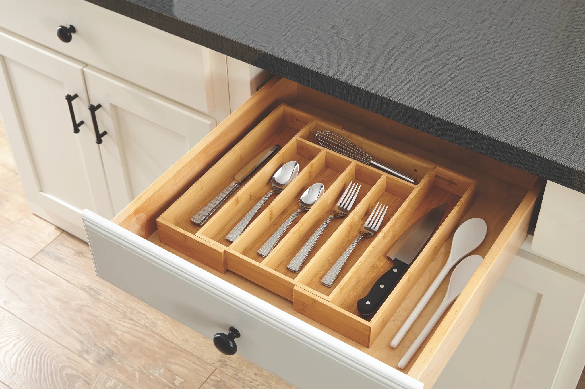 Natural Bamboo Expandable Silverware Organizer, 13.98 X 10.04-15.35 X 1.97 Inches