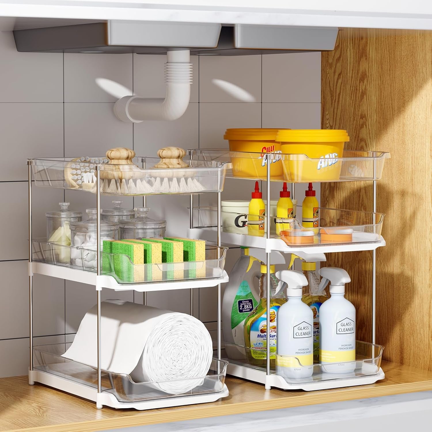 2 Sets of 3-Tier Bathroom under Sink Organizers and Storage, Multi-Purpose Stackable Pantry Organization and Storage, Pull Out Clear Kitchen Bathroom Cabinet Organizer with Movable Dividers | Storage
