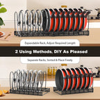 Expandable Pot and Pan Organizer Rack for Cabinet, Pot Lid Organizer with 14 Adjustable Dividers for Kitchen, Black