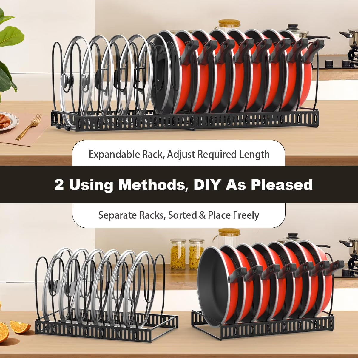 Expandable Pot and Pan Organizer Rack for Cabinet, Pot Lid Organizer with 14 Adjustable Dividers for Kitchen, Black