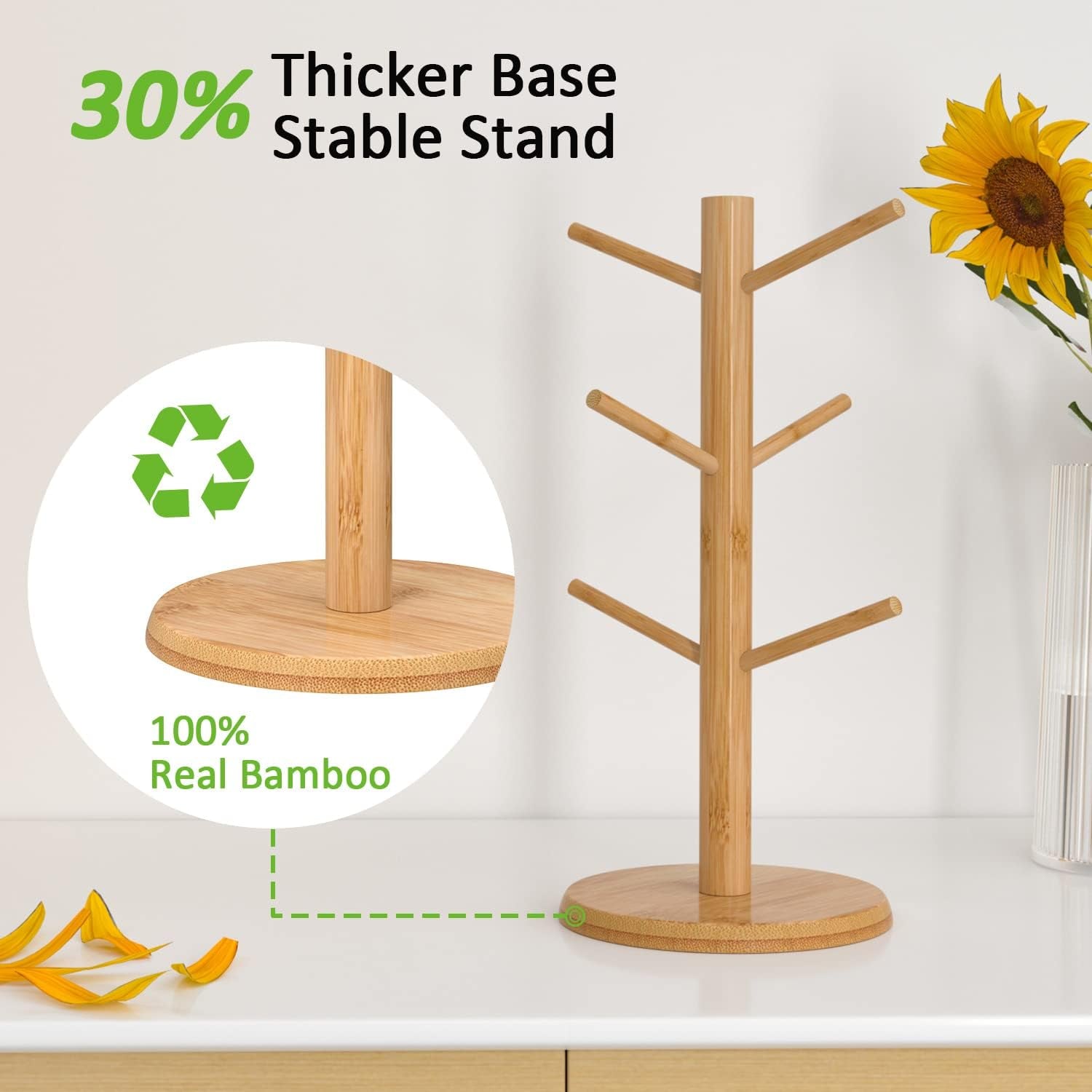 Bamboo Mug Tree with Thicker Base - Countertop Coffee Cup Stand with 6 Hooks