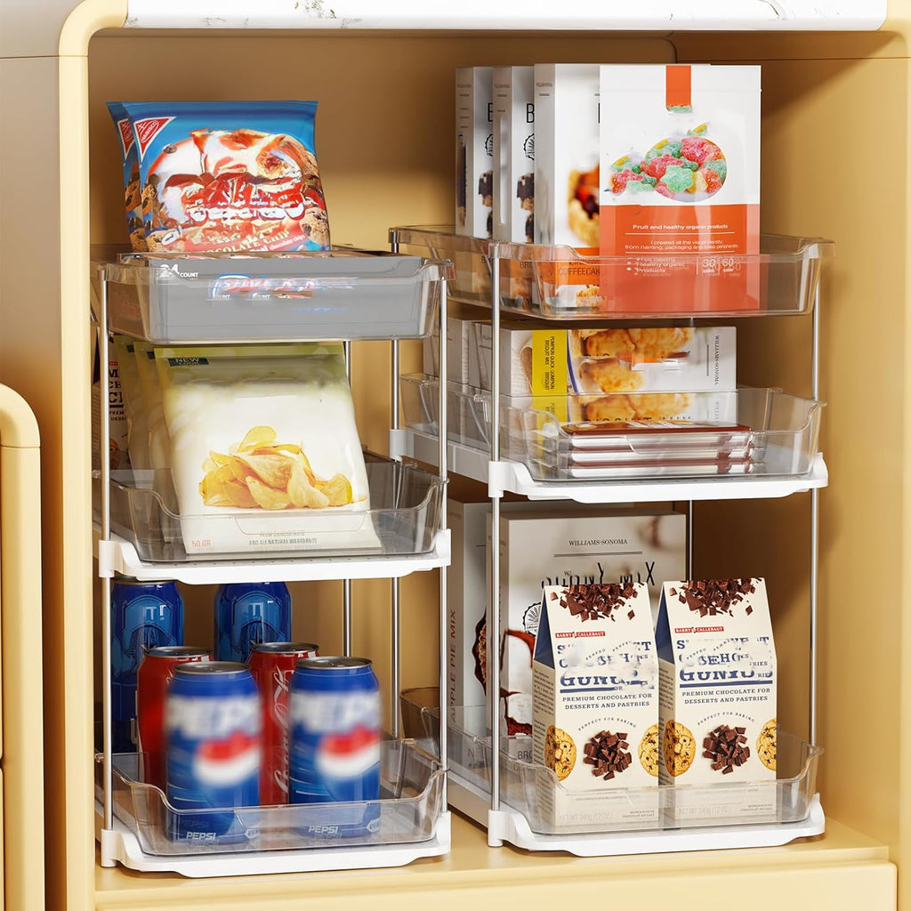 2 Sets of 3-Tier Bathroom under Sink Organizers and Storage, Multi-Purpose Stackable Pantry Organization and Storage, Pull Out Clear Kitchen Bathroom Cabinet Organizer with Movable Dividers | Storage
