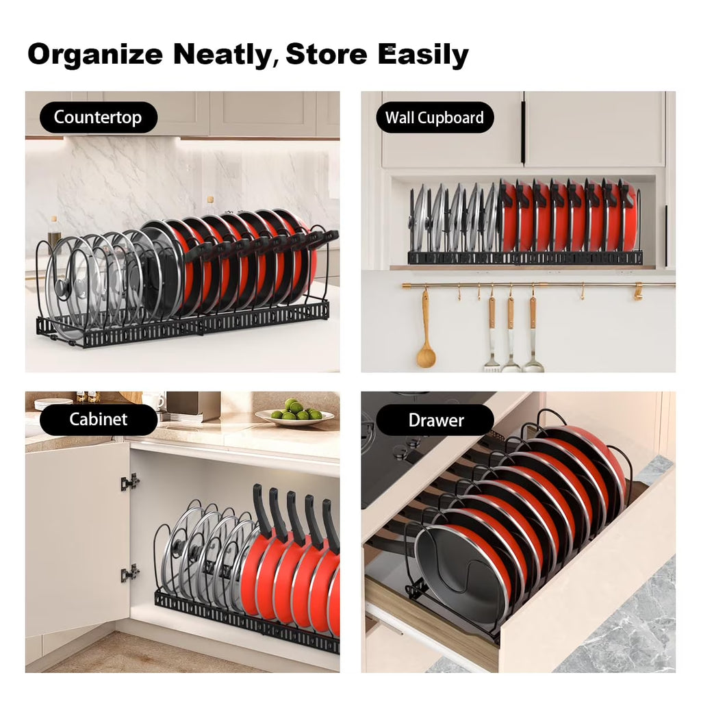 Expandable Pot and Pan Organizer Rack for Cabinet, Pot Lid Organizer with 14 Adjustable Dividers for Kitchen, Black