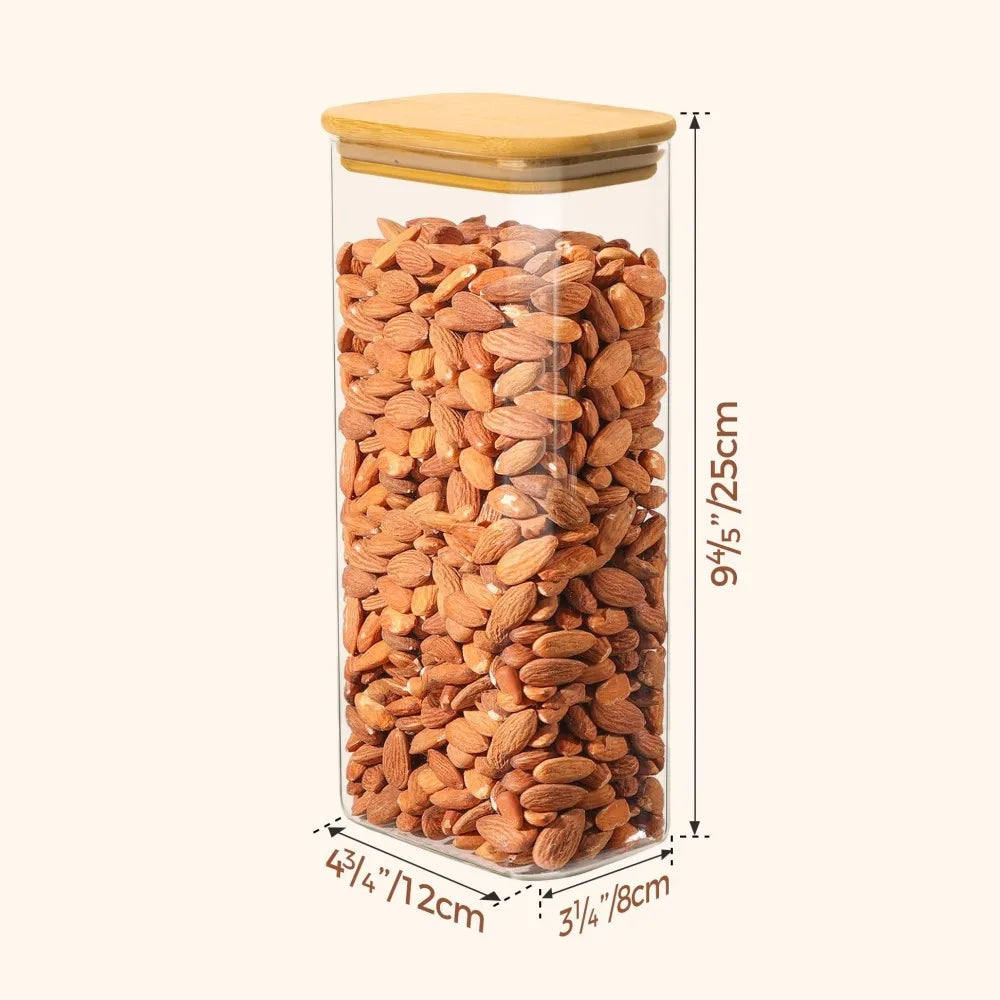 Rectangle Storage Containers Jars with Bamboo Lids, Clear Food Storage Jar, Pantry Kitchen Organizer for Pasta Flour Oats Nuts