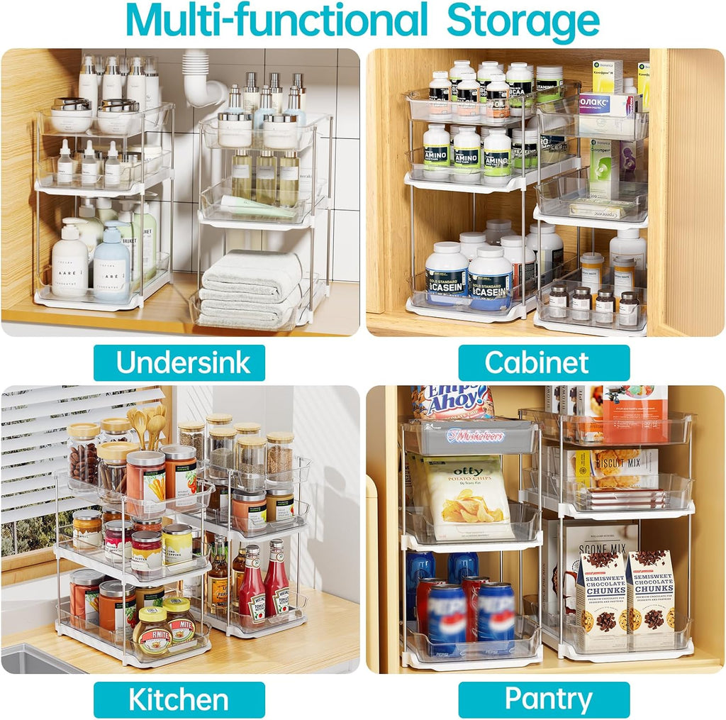 2 Sets of 3-Tier Bathroom under Sink Organizers and Storage, Multi-Purpose Stackable Pantry Organization and Storage, Pull Out Clear Kitchen Bathroom Cabinet Organizer with Movable Dividers | Storage