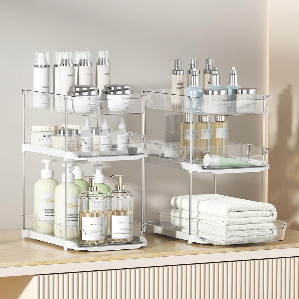 2 Sets of 3-Tier Bathroom under Sink Organizers and Storage, Multi-Purpose Stackable Pantry Organization and Storage, Pull Out Clear Kitchen Bathroom Cabinet Organizer with Movable Dividers | Storage