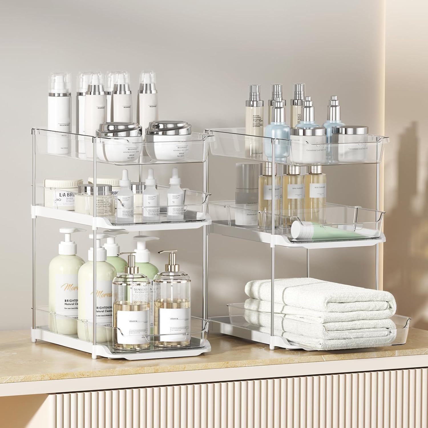 2 Sets of 3-Tier Bathroom under Sink Organizers and Storage, Multi-Purpose Stackable Pantry Organization and Storage, Pull Out Clear Kitchen Bathroom Cabinet Organizer with Movable Dividers | Storage