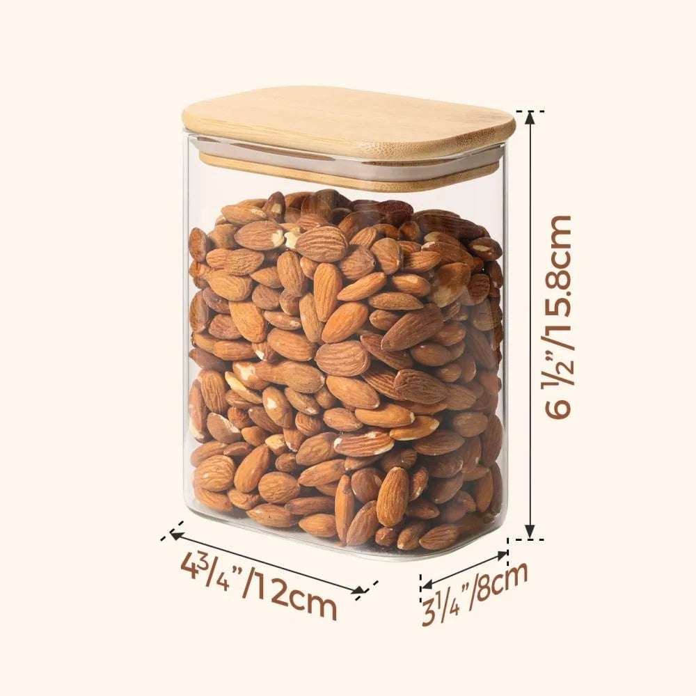 Rectangle Storage Containers Jars with Bamboo Lids, Clear Food Storage Jar, Pantry Kitchen Organizer for Pasta Flour Oats Nuts